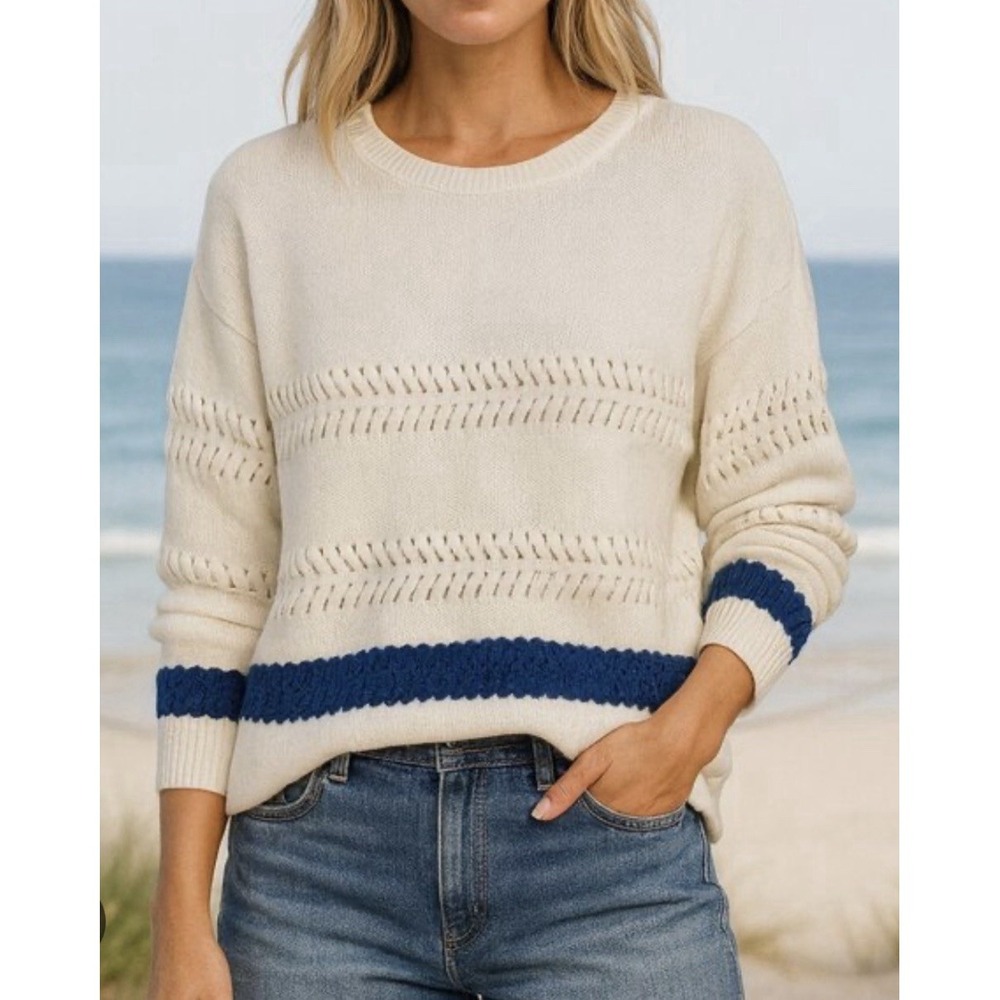 One Grey Day Wool Blend Misha Open Knit Sweater Size M Coastal Beachy Stripe